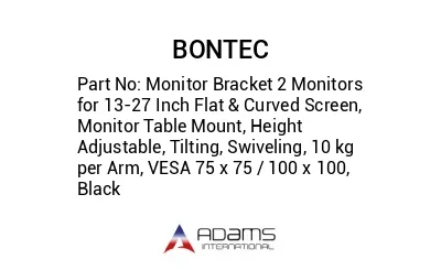 Monitor Bracket 2 Monitors for 13-27 Inch Flat & Curved Screen, Monitor Table Mount, Height Adjustable, Tilting, Swiveling, 10 kg per Arm, VESA 75 x 75 / 100 x 100, Black